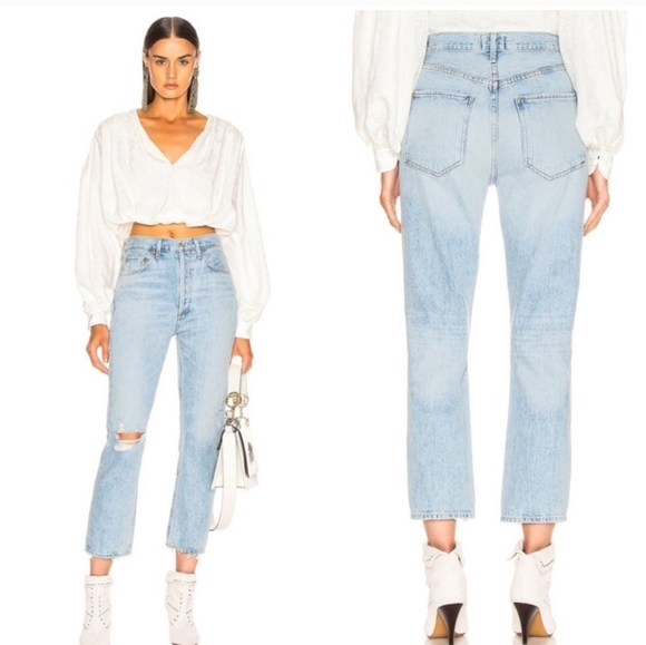 Agolde Denim - Agolde Riley High Rise Blue Straight Cropped Jeans with Distressed Knee Size 26